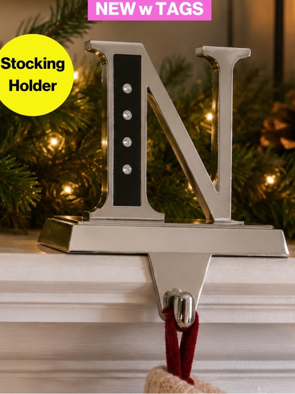 NEW w TAGS 🏷️ 2/for $20 🪩 “N” Initial, Christmas Stocking Holder w/Crystals